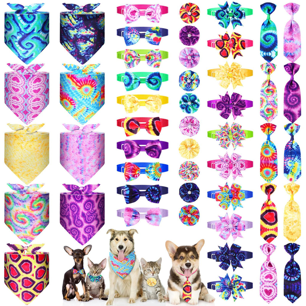 Hosuly 50 Pcs Funny Dog Bandana Collar Set Include 10 Dog Bow Tie 10 Necktie Collar 10 Pet Scarf 10 Dog Bow Flowers 10 Hexagonal Bowtie Cat Dog Grooming Accessories for Festival Photography(Tie Dye)