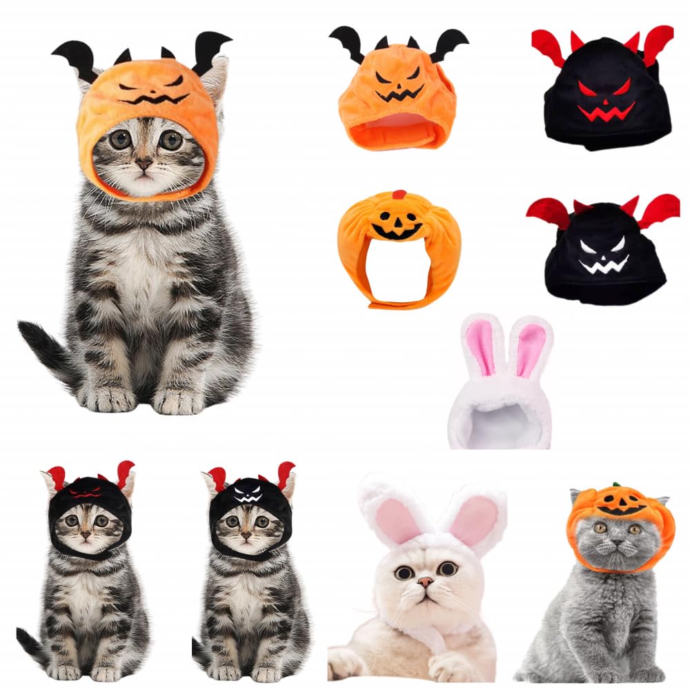 5 Pcs Halloween Cat Hat Cat Costume Pumpkin Cat Hats Bat Cosplay HatsKitten Puppy Dress Up Halloween Easter Costume Adjustable Accessory Headwear(Wacky Style)