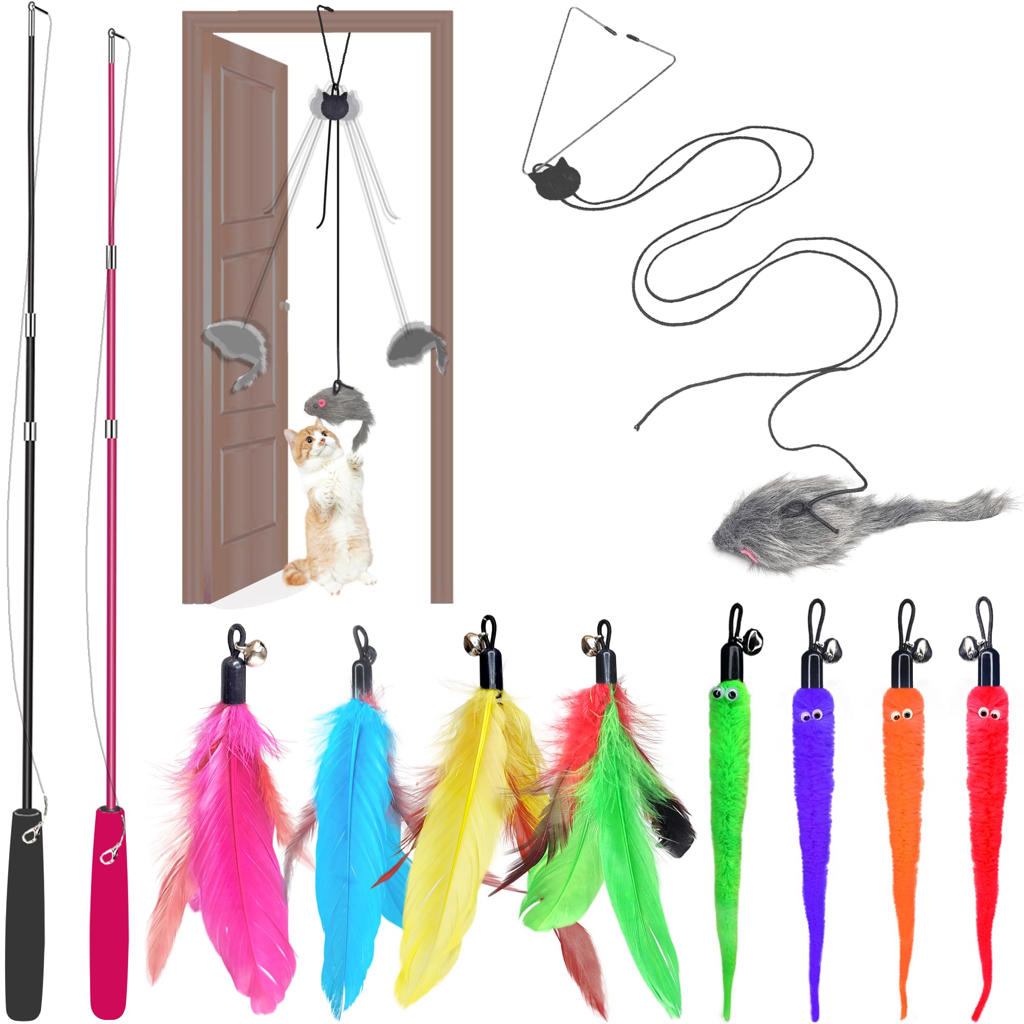 Interactive Cat Toys Set Teaser Feather Wand Hanging Door Toy & Multiple Attachments - Telescopic Cat Fishing Pole Toy for Kitten